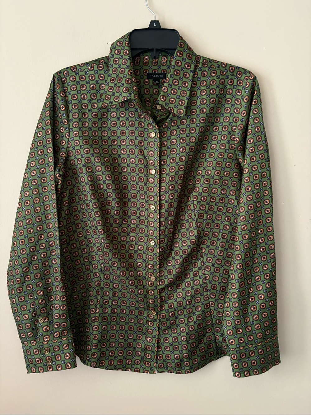 Talbots Olive Green Printed Button-Down Shirt Sz.10 Great Condition